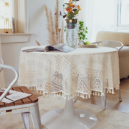 HeichkelL Runde Spitzentischdecke Vintage Quaste Tischdecke Häkelspitze Deckchen Lace Tischtuch Romantische und Elegante Dekoration Beige mit Kreis Rund 150 cm von HeichkelL