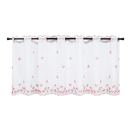 HeichkelL Scheibengardine Blumenmuster Bistrogardine Landhausstil Transparente Küchenvorhänge Kurzgardine Leinenoptik Stangendurchzug Pink BxH 120x45 cm von HeichkelL