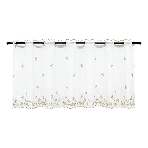 HeichkelL Scheibengardine Blumenmuster Bistrogardine Landhausstil Transparente Küchenvorhänge Kurzgardine Leinenoptik Stangendurchzug Sand BxH 120x60 cm von HeichkelL