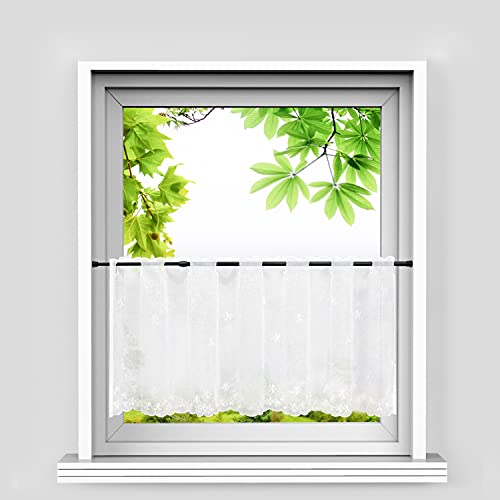 HeichkelL Scheibengardine Blumenmuster Bistrogardine Landhausstil Transparente Küchenvorhänge Kurzgardine Leinenoptik Stangendurchzug Weiß BxH 90x60 cm von HeichkelL