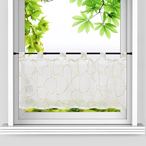 HeichkelL Scheibengardine mit Schlaufen Bistrogardine Landhausstil Transparente Kleinfenster Kurzgardine Leinenoptik Steineförmige Stickerei Gold HxB 60x145 cm von HeichkelL