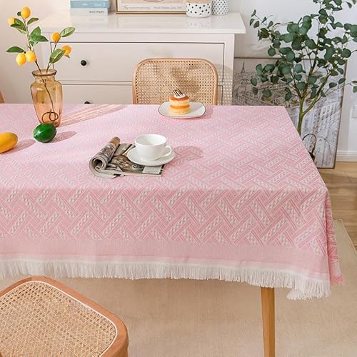 HeichkelL Tischdecke mit Quaste Baumwolle Leinen Tischdecke Tischtuch mit Karo Rechteckig Tischwäsche Tischdekoration Rosa 130 x 230 cm von HeichkelL