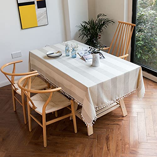 HeichkelL Tischdecke mit Streifen Leinenoptik Tischtuch mit Quasten Abwaschbar Rechteckig Tischwäsche Grau 140 x 180 cm von HeichkelL