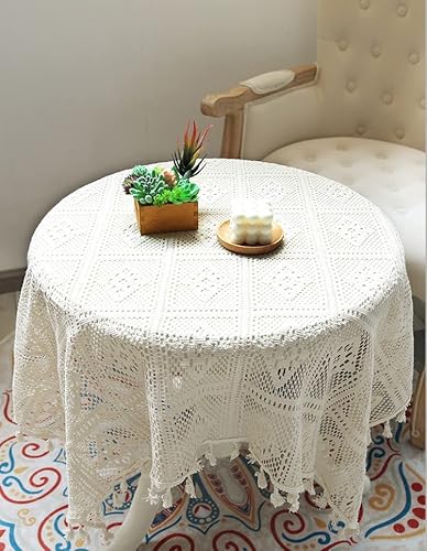 HeichkelL Vintage Spitzentischdecke Quaste Tischdecke Quadratisch Häkelspitze Deckchen Lace Tischtuch Hochzeit Küche Party Dekor Beige 100 x 140 cm von HeichkelL