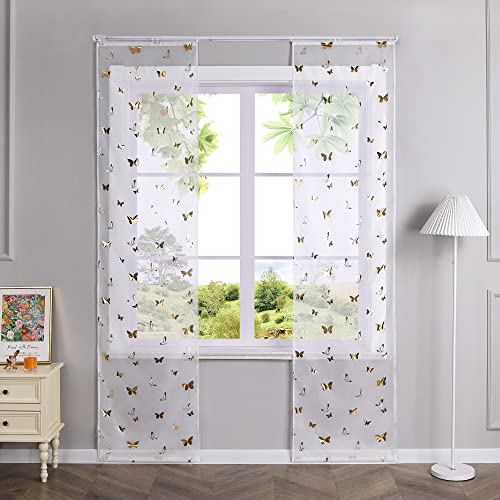 HeichkelL Voile Schiebegardinen Transparent Vorhang Schmetterling Muster Flächenvorhänge 2er Set Panneaux Gardinen Gold mit Klettband BreitexHöhe 57x225 cm von HeichkelL