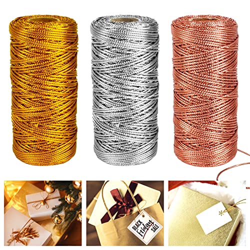 3 Rolle Metallic Kordel Goldfaden zum Basteln 100M Gold Kordel Schnur für Dekoration 1.5mm Breit Schmuckschnur Bastelschnur für DIY Kunsthandwerk Geschenkverpackungen (Gold, Silber,Rosengold) von Heilok