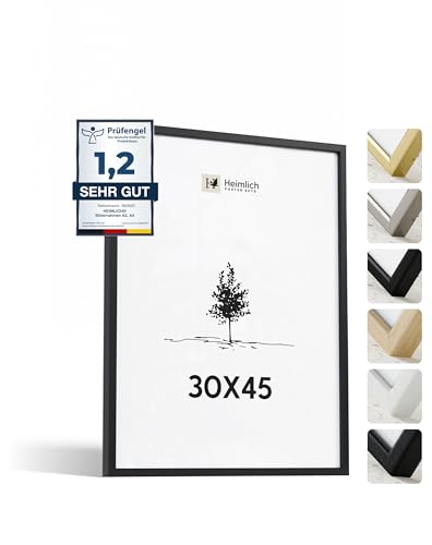 Heimlich® 1x Bilderrahmen 30x45 cm Schwarz Rahmen 1-Pack | Dokumentenrahmen 30x45 cm Groß Collage | Holzrahmen Holz-Bilderrahmen Echtholz | Picture Frame 30x45 Fotorahmen zum Aufhängen von Heimlich