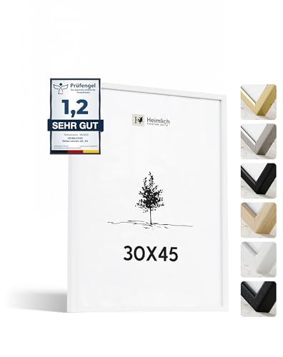 Heimlich® 1x Bilderrahmen 30x45 cm Weiss Rahmen 1-Pack | Dokumentenrahmen 30x45 cm Groß Collage | Holzrahmen Holz-Bilderrahmen Echtholz | Picture Frame 30x45 Fotorahmen zum Aufhängen von Heimlich