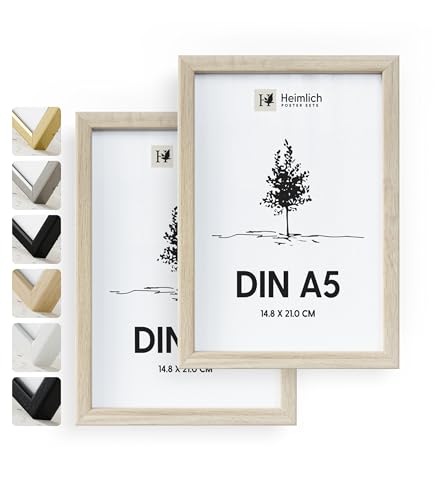 Heimlich® 2x Bilderrahmen DIN A5 14,8x21 cm Natur Eiche Holz Rahmen 2-Pack | Dokumentenrahmen 14,8x21 cm Klein Collage | Holzrahmen Holz-Bilderrahmen Echtholz | Picture Frame A5 Fotorahmen von Heimlich