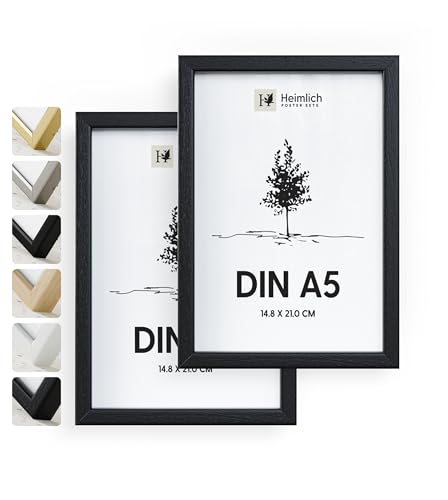 Heimlich® 2x Bilderrahmen DIN A5 14,8x21 cm Schwarz Holz Rahmen 2-Pack | Dokumentenrahmen 14,8x21 cm Klein Collage | Holzrahmen Holz-Bilderrahmen Echtholz | Picture Frame A5 Fotorahmen von Heimlich