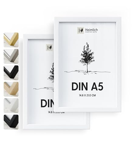 Heimlich® 2x Bilderrahmen DIN A5 14,8x21 cm Weiss Holz Rahmen 2-Pack | Dokumentenrahmen 14,8x21 cm Klein Collage | Holzrahmen Holz-Bilderrahmen Echtholz | Picture Frame A5 Fotorahmen von Heimlich