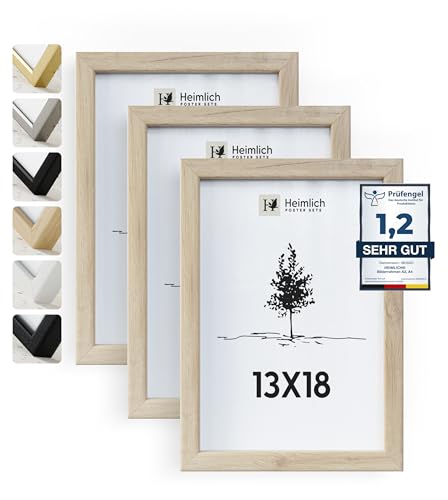 Heimlich® 3x Bilderrahmen 13x18 cm Eiche Rahmen 3-Pack | Dokumentenrahmen 13x18 cm Klein Collage | Holzrahmen Holz-Bilderrahmen Echtholz | Picture Frame 13x18 Fotorahmen zum Aufhängen von Heimlich