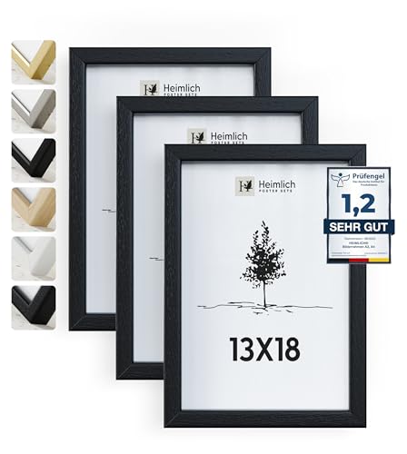 Heimlich® 3x Bilderrahmen 13x18 cm Schwarz Rahmen 3-Pack | Dokumentenrahmen 13x18 cm Klein Collage | Holzrahmen Holz-Bilderrahmen Echtholz | Picture Frame 13x18 Fotorahmen zum Aufhängen von Heimlich