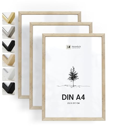 Heimlich® 3x Bilderrahmen DIN A4 21x30 cm Natur Eiche Holz Rahmen 3-Pack | Dokumentenrahmen 21x29,7 cm Klein Collage | Holzrahmen Holz-Bilderrahmen Echtholz | Picture Frame A4 Fotorahmen von Heimlich