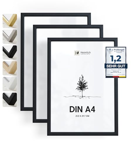 Heimlich® 3x Bilderrahmen DIN A4 21x30 cm Schwarz Holz Rahmen 3-Pack | Dokumentenrahmen 21x29,7 cm Klein Collage | Holzrahmen Holz-Bilderrahmen Echtholz | Picture Frame A4 Fotorahmen von Heimlich