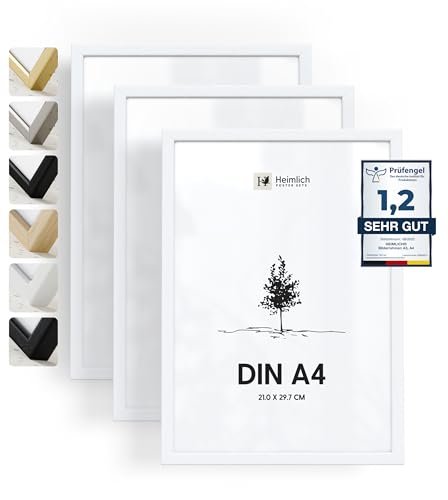 Heimlich® 3x Bilderrahmen DIN A4 21x30 cm Weiss Holz Rahmen 3-Pack | Dokumentenrahmen 21x29,7 cm Klein Collage | Holzrahmen Holz-Bilderrahmen Echtholz | Picture Frame A4 Fotorahmen von Heimlich