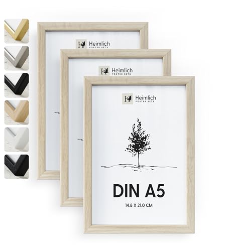 Heimlich® 3x Bilderrahmen DIN A5 14,8x21 cm Natur Eiche Holz Rahmen 3-Pack | Dokumentenrahmen 14,8x21 cm Klein Collage | Holzrahmen Holz-Bilderrahmen Echtholz | Picture Frame A5 Fotorahmen von Heimlich