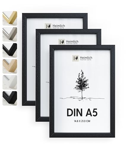 Heimlich® 3x Bilderrahmen DIN A5 14,8x21 cm Schwarz Holz Rahmen 3-Pack | Dokumentenrahmen 14,8x21 cm Klein Collage | Holzrahmen Holz-Bilderrahmen Echtholz | Picture Frame A5 Fotorahmen von Heimlich