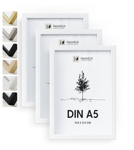 Heimlich® 3x Bilderrahmen DIN A5 14,8x21 cm Weiss Holz Rahmen 3-Pack | Dokumentenrahmen 14,8x21 cm Klein Collage | Holzrahmen Holz-Bilderrahmen Echtholz | Picture Frame A5 Fotorahmen von Heimlich