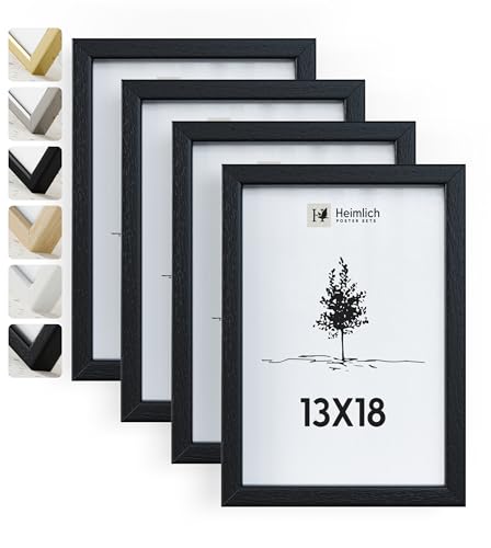 Heimlich® 4x Bilderrahmen 13x18 cm Schwarz Rahmen 4-Pack | Dokumentenrahmen 13x18 cm Klein Collage | Holzrahmen Holz-Bilderrahmen Echtholz | Picture Frame 13x18 Fotorahmen zum Aufhängen von Heimlich