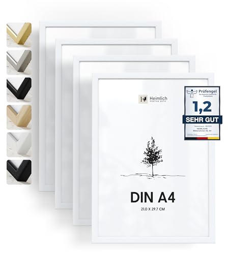 Heimlich® 4x Bilderrahmen DIN A4 21x30 cm Weiss Holz Rahmen 4-Pack | Dokumentenrahmen 21x29,7 cm Klein Collage | Holzrahmen Holz-Bilderrahmen Echtholz | Picture Frame A4 Fotorahmen von Heimlich