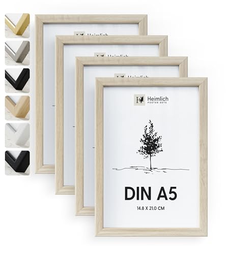 Heimlich® 4x Bilderrahmen DIN A5 14,8x21 cm Natur Eiche Holz Rahmen 4-Pack | Dokumentenrahmen 14,8x21 cm Klein Collage | Holzrahmen Holz-Bilderrahmen Echtholz | Picture Frame A5 Fotorahmen von Heimlich