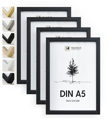 Heimlich® 4x Bilderrahmen DIN A5 14,8x21 cm Schwarz Holz Rahmen 4-Pack | Dokumentenrahmen 14,8x21 cm Klein Collage | Holzrahmen Holz-Bilderrahmen Echtholz | Picture Frame A5 Fotorahmen von Heimlich