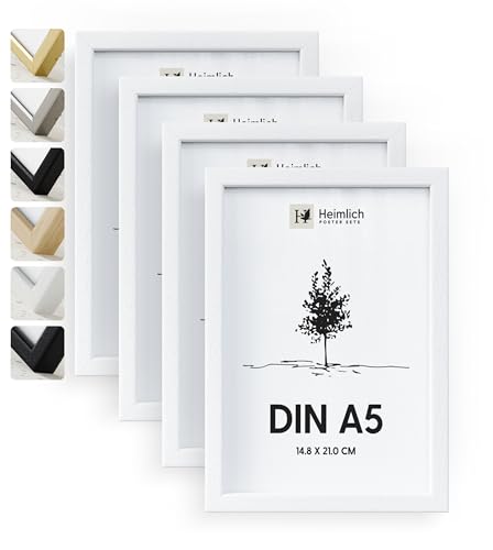 Heimlich® 4x Bilderrahmen DIN A5 14,8x21 cm Weiss Holz Rahmen 4-Pack | Dokumentenrahmen 14,8x21 cm Klein Collage | Holzrahmen Holz-Bilderrahmen Echtholz | Picture Frame A5 Fotorahmen von Heimlich