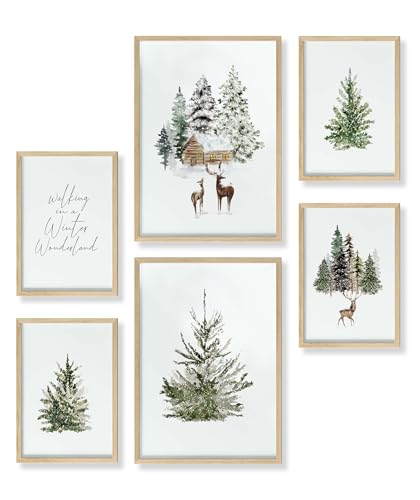 Heimlich® 6er Poster Set mit Bilderrahmen Holz Eiche Winterwald | Festliche Bilder Wohnzimmer | Weihnachtsdekor | Poster & Kunstdrucke | 2x A3 (30x42 cm) & 4x A4 (21x30 cm) von Heimlich