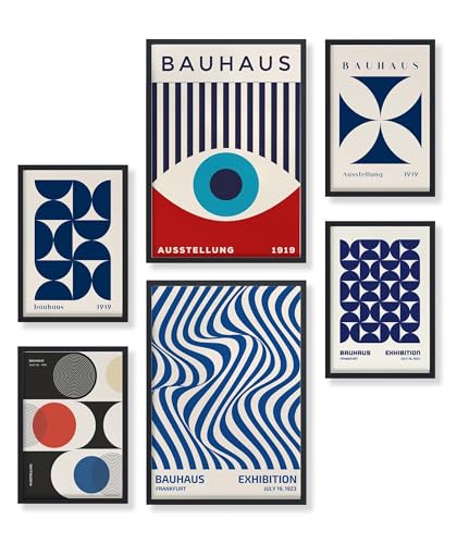 Heimlich® 6er Poster Set mit Bilderrahmen Holz Schwarz | Modernes Bauhaus Design Bilder Wohnzimmer | Grafische Kunst | Poster & Kunstdrucke in Blau und Rot | 2x A3 (30x42 cm) & 4x A4 (21x30 cm) von Heimlich