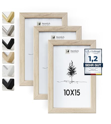 Heimlich® Bilderrahmen 10x15 Eiche 3-Pack | Bilderrahmen 10x15 Holz | Bilderrahmen Set Eiche mit Plexiglas | Fotorahmen 10x15 zum Aufhängen & Aufstellen | Picture Frame 10x15 | Photo Frame 10x15 von Heimlich