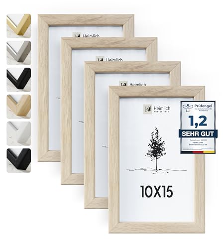 Heimlich® Bilderrahmen 10x15 Eiche 4-Pack | Bilderrahmen 10x15 Holz | Bilderrahmen Set Eiche mit Plexiglas | Fotorahmen 10x15 zum Aufhängen & Aufstellen | Picture Frame 10x15 | Photo Frame 10x15 von Heimlich