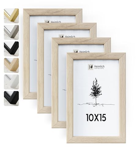 Heimlich® Bilderrahmen 10x15 Eiche 4-Pack | Bilderrahmen 10x15 Holz | Bilderrahmen Set Eiche mit Plexiglas | Fotorahmen 10x15 zum Aufhängen & Aufstellen | Picture Frame 10x15 | Photo Frame 10x15 von Heimlich