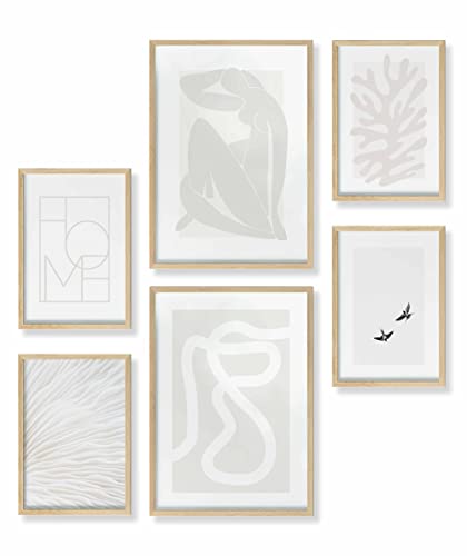 Heimlich® Premium Poster Set mit Bilderrahmen Holz Eiche | 2 x DIN A3 & 4 x DIN A4 - ca. 30x42 & 21x30 | Stilvolle Poster Collagen mit passenden Bilder als Wanddeko » Abstrakt Matisse Beige « von Heimlich