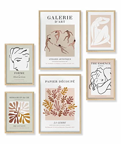 Heimlich® Premium Poster Set mit Bilderrahmen Holz Eiche | 2 x DIN A3 & 4 x DIN A4 - ca. 30x42 & 21x30 | Stilvolle Poster Collagen mit passenden Bilder als Wanddeko » Abstrakt Pink Matisse « von Heimlich