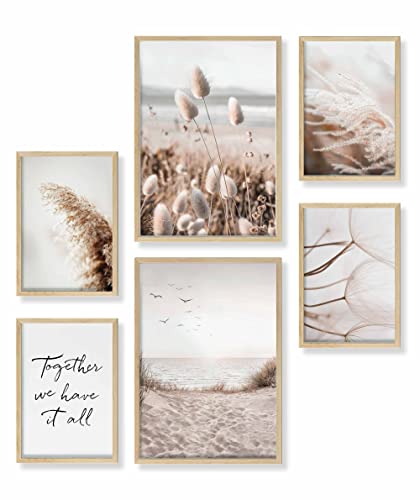 Heimlich® Premium Poster Set mit Bilderrahmen Holz Eiche | 2 x DIN A3 & 4 x DIN A4 - ca. 30x42 & 21x30 | Stilvolle Poster Collagen mit passenden Bilder als Wanddeko » Achtsam Beige Strand « von Heimlich