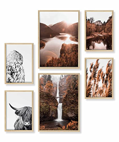 Heimlich® Premium Poster Set mit Bilderrahmen Holz Eiche | 2 x DIN A3 & 4 x DIN A4 - ca. 30x42 & 21x30 | Stilvolle Poster Collagen mit passenden Bilder als Wanddeko » Berge Wald « von Heimlich