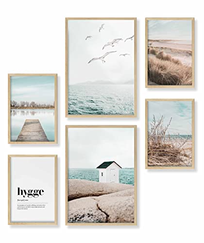 Heimlich® Premium Poster Set mit Bilderrahmen Holz Eiche | 2 x DIN A3 & 4 x DIN A4 - ca. 30x42 & 21x30 | Stilvolle Poster Collagen mit passenden Bilder als Wanddeko » Skandi Meer Strand Möwen « von Heimlich