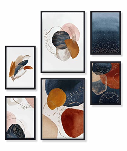 Heimlich® Premium Poster Set mit Bilderrahmen Holz Schwarz | 2 x DIN A3 & 4 x DIN A4 - ca. 30x42 & 21x30 | Stilvolle Poster Collagen mit passenden Bilder als Wanddeko » Abstrakt Aquarell Gold I « von Heimlich