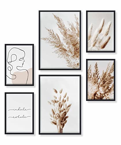 Heimlich® Premium Poster Set mit Bilderrahmen Holz Schwarz | 2 x DIN A3 & 4 x DIN A4 - ca. 30x42 & 21x30 | Stilvolle Poster Collagen mit passenden Bilder als Wanddeko » Pampas Boho Beige « von Heimlich