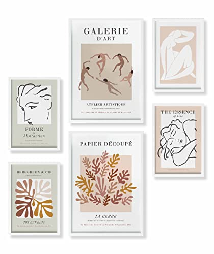 Heimlich® Premium Poster Set mit Bilderrahmen Holz Weiss | 2 x DIN A3 & 4 x DIN A4 - ca. 30x42 & 21x30 | Stilvolle Poster Collagen mit passenden Bilder als Wanddeko » Abstrakt Pink Matisse « von Heimlich