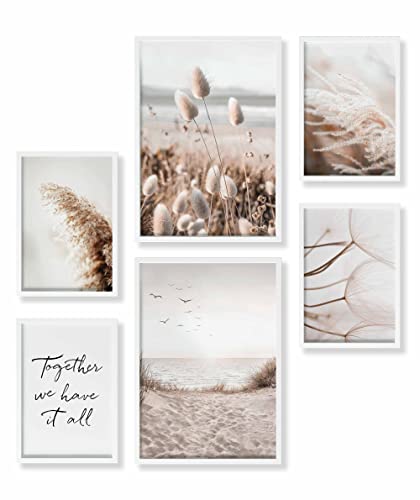 Heimlich® Premium Poster Set mit Bilderrahmen Holz Weiss | 2 x DIN A3 & 4 x DIN A4 - ca. 30x42 & 21x30 | Stilvolle Poster Collagen mit passenden Bilder als Wanddeko » Achtsam Beige Strand « von Heimlich