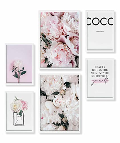 Heimlich® Premium Poster Set mit Bilderrahmen Holz Weiss | 2 x DIN A3 & 4 x DIN A4 - ca. 30x42 & 21x30 | Stilvolle Poster Collagen mit passenden Bilder als Wanddeko » Pfingst-Rose Coco « von Heimlich