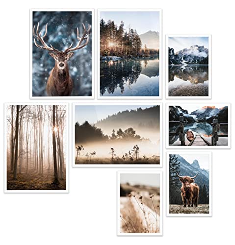 Heimlich® Premium Poster Set mit Bilderrahmen edle FOREVER Holz Weiss | 4 x DIN A3 & 4 x DIN A4 - ca. 30x42 & 21x30 | Stilvolle Poster Collagen mit modernen Bilder als Wanddeko |Achtsamkeit in Natur von Heimlich