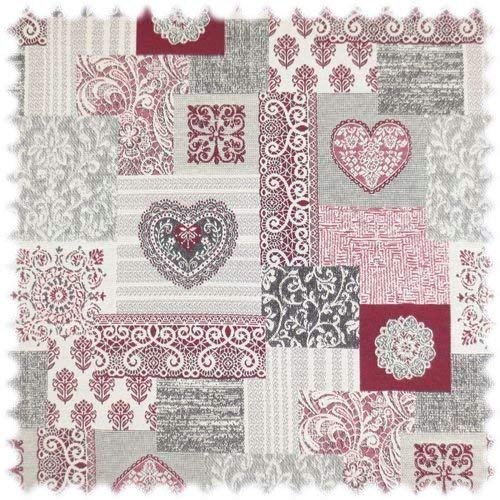 Jacquard Flachgewebe Möbelstoff Herz Rot im Patchwork Design von Heiro