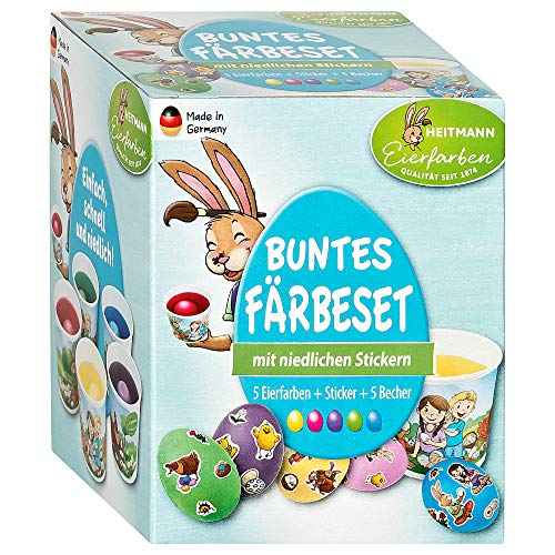 Heitmann Eierfarben-Set - fünf Kaltfarben - Färbetabletten und Sticker - lustige Gesichter - freche Eierköpfe - Ostereier verzieren, 1007239 von Heitmann Eierfarben