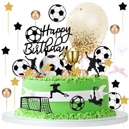 Hejo 28 Stück Tortendeko Fussball, Fussball Deko Geburtstag Kinder, Fußball Tortendeko für Jungen Mädchen, Langlebige Fußball Kuchen Deko, Tortenaufleger Personalisiert für Fußball Party(Schwarz) von Hejo