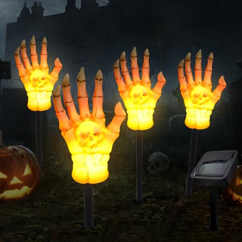 4 Skelett Hände für Halloween Deko, Leuchtende Zombie Geist Arm Pfahl, Halloween Schädel Hände Dekoration, Solarlampen für Außen zum Deko von Gartenterrassen, für Eine Horror Atmosphäre (Flammen) von Hekasvm