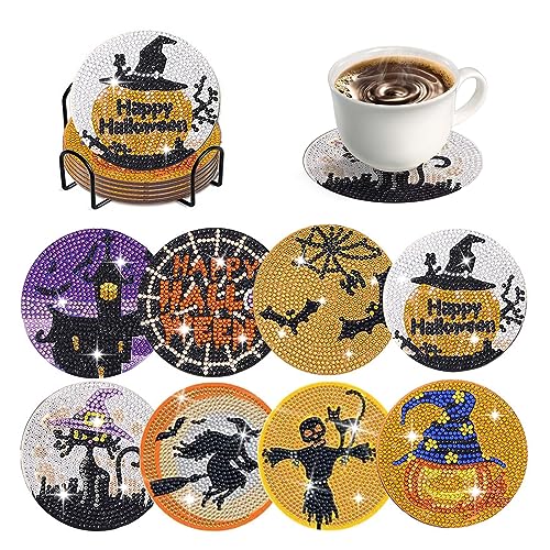 8 Stück Halloween Diamond Painting Untersetzer Mit Halter, Halloween Deko DIY Diamant Kunst Tassenuntersetzer, Trick Oder Treat Diamond Dot Untersetzer Für Erwachsene Kinder Basteln (A) von Hekasvm