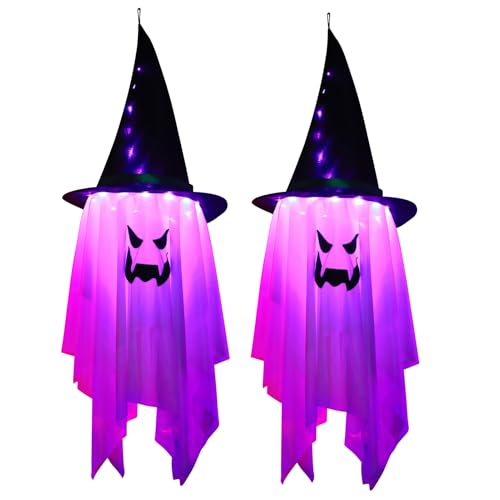 Halloween Hängelicht Deko, Halloween Lichterkette Fliegende Geisterhüte, Hängende Geister mit Hexenhut, LED-Geist-Lampe für Karneval Party Halloween Terrasse Baum Veranda Deko (Lila,2 Stück) von Hekasvm